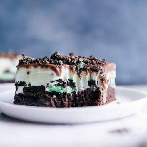 Brownie Bottom Mint Chip Mousse Pie.